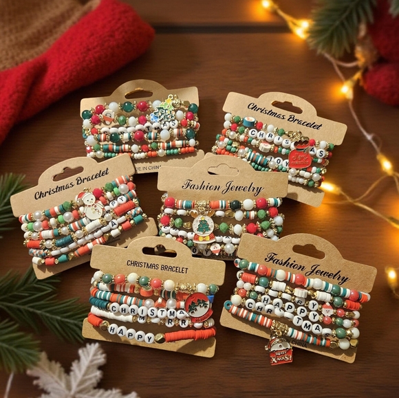 Christmas Themed Beaded Bracelets for Kids 6-Pc Set Stackable - Picture 1 of 8
